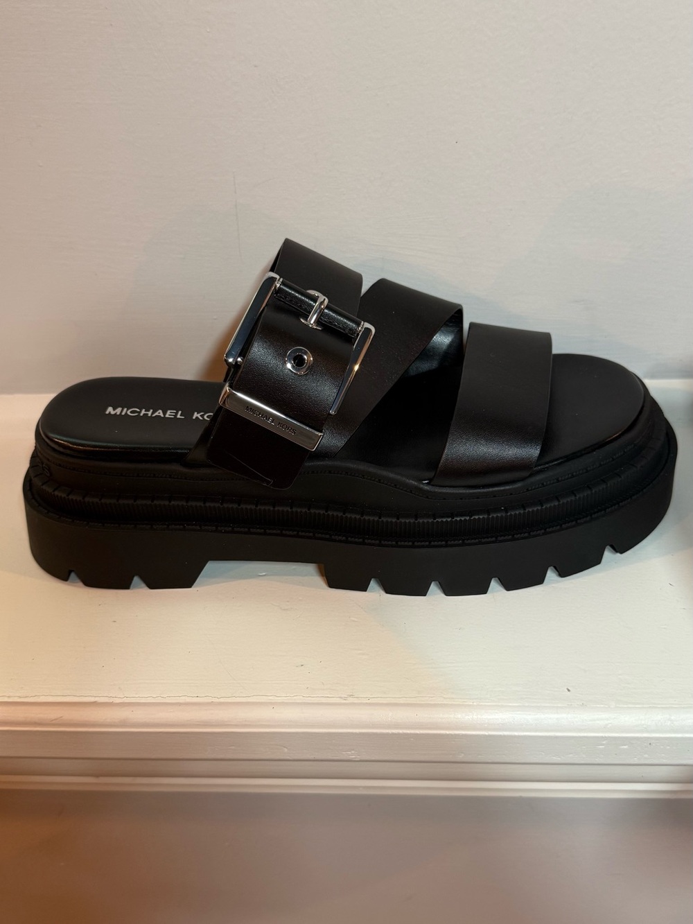 Michael Kors Black Lug-Sole Double Strap Slide Sandals - Picture 2 of 8